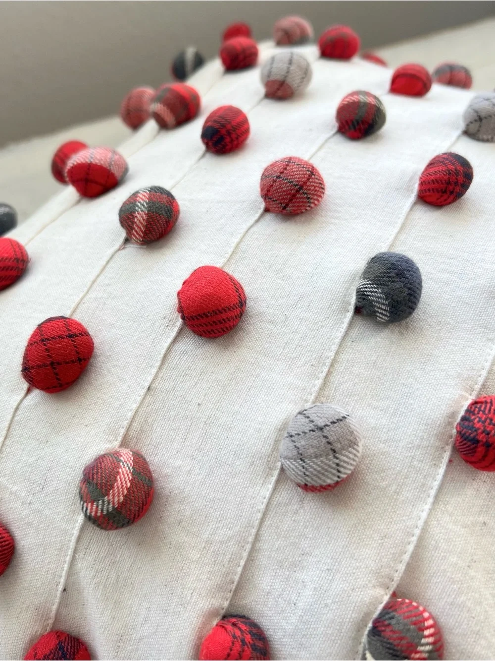 Pottery Barn Cream Pillow with Red and Navy Pom Dots